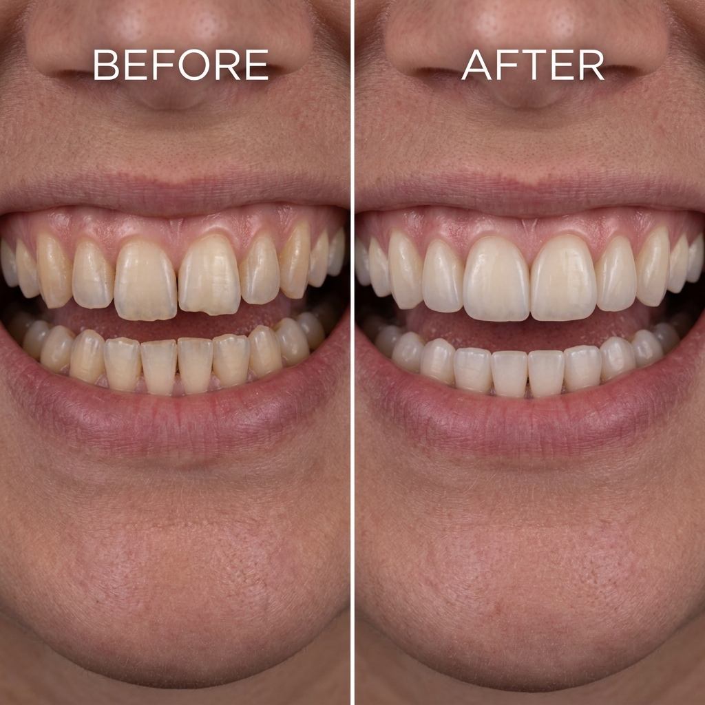 The client presented with minor tooth wear, uneven gums, and slight discoloration. We resolved this using edge bonding, laser contouring, and conservative shade matching to restore length and balance for a natural, cohesive result.